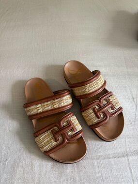 Sam Edelman Brown Raffia Double-Strap Slide Sandals